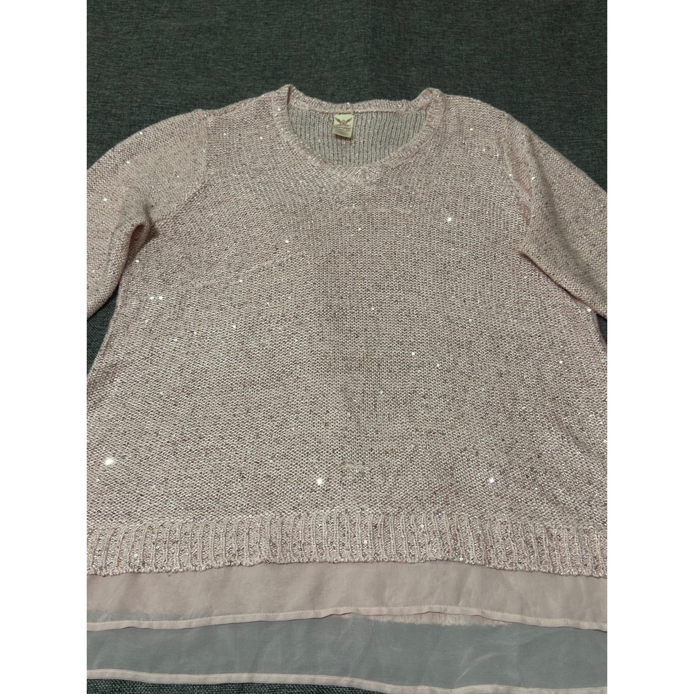 Faded Glory Womens 3X Sweater Pink Sequin Knit Layered Hem V-Neck - Picture 5 of 6